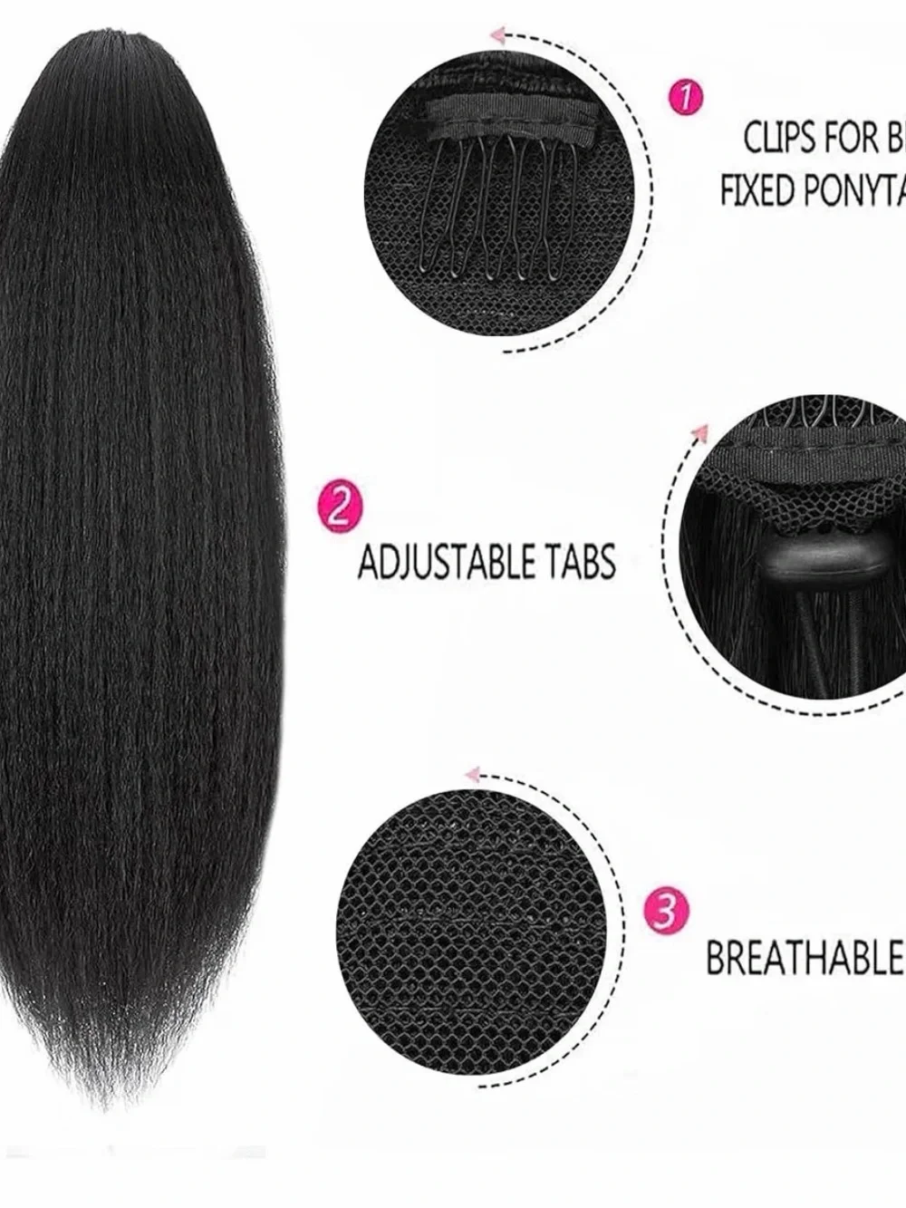 16” Yaki Straight Human Hair Drawstring Ponytail Extension, Natural Black